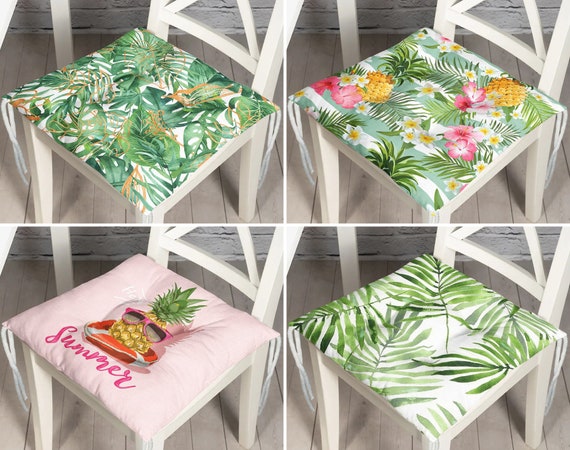 Green Palm Leaves Pineapple Puffy Seat Pads, Monstera Leaves