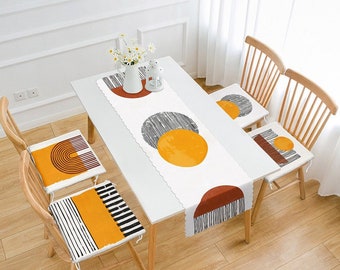 Midcentury Design Table Runner & Seat Pad Set, Scandinavian Dining Table Runner and Chair Cushions, Modern Art Runner Set, Decorative Gift