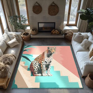 Leopard Area Rug, Mid Century Anti-Slip Living Room Rug, Cool Bedroom Rug, Popular Rugs, Animal Accent Carpet, Retro Entrance Decor