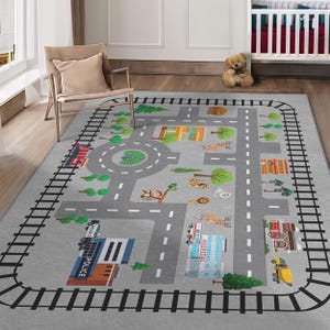 Train and Car Track Kids Rug, Car Road Children&#39;s Play Mat, Interactive City Road Classroom Rug, Roads and Animals Nursery Carpet, Gift Mat