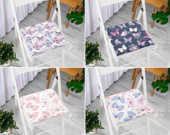 Pastel Color Butterflies Chair Pads with Ties, Pink Accent Outdoor Chair Cushion, Soft Butterfly Balcony Rocking Chair Pad, Dining Room Deco