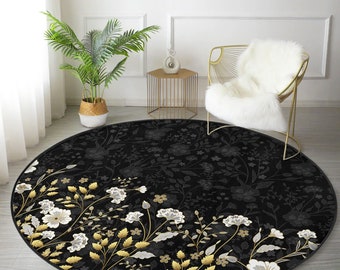 Floral Round Rug with Gold Details, Anti Slip Flowers Circle Rugs, Gold Leaves Round Carpet, Black Area Rugs, Elegant Rugs for Living Room