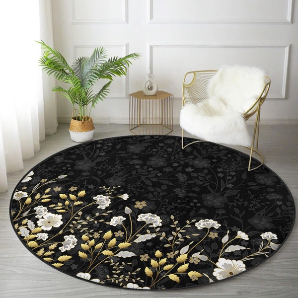 Tapis rond floral avec détails dorés, tapis circulaires à fleurs antidérapantes, tapis rond à feuilles d’or, tapis noirs, tapis élégants pour le salon