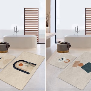 Set of 2 Abstract Bath Mat, Ethnic Bathroom Rug, Geometric Non Slip Floor Mat, Machine Washable Bath Rug, Absorbent Bathroom Rug, Soft Mats