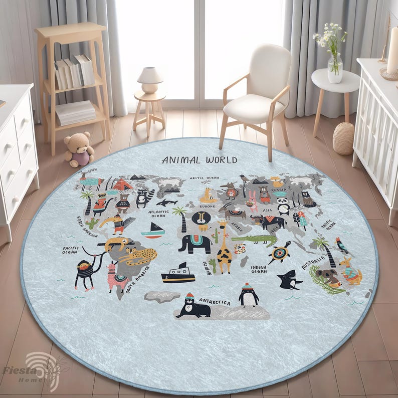 May include: A round, light blue rug with a world map design and the text "ANIMAL WORLD". The map features illustrations of animals and continents. The rug is approximately 60 inches in diameter.