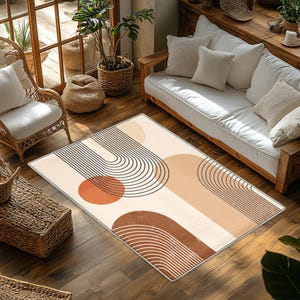 Mid Century Line Art Area Rug, Washable Rug for Living Room, Boho Style Anti-Slip Floor Rug, Earth Tones Abstract Throw Rug, Hallway Runner