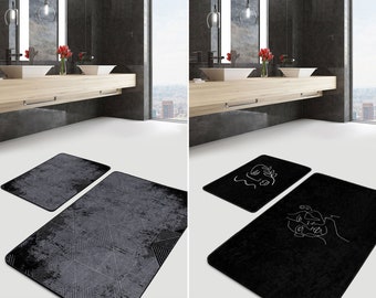 Modern Bath Mat, Abstract Face Art Floor Mat, Abstract Line Art Bath Rug, Non Slip Bathroom Rug, Absorbent Rug, Black & White Bathroom Decor