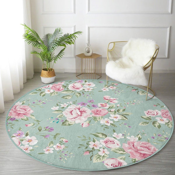 Vintage Style Floral Round Rug, Anti Slip Watercolor Flower Circle Rug, Pink Rose Accent Round Carpet, Green & Pink Living Room Rug