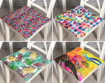 Multicolored Puffy Chair Cushion, Cafe Seat Pad, Splashy Kitchen Seat Cushion With Ties, Colory Outdoor Chair Pad, Varied Beach Seat Cushion