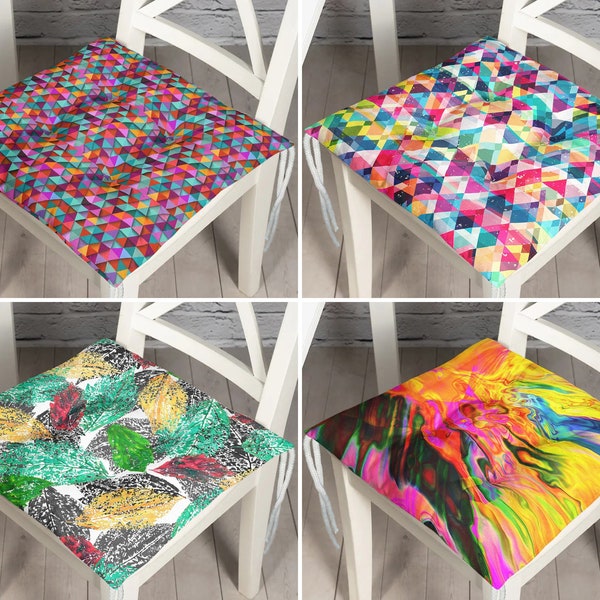 Multicolored Puffy Chair Cushion, Cafe Seat Pad, Splashy Kitchen Seat Cushion With Ties, Colory Outdoor Chair Pad, Varied Beach Seat Cushion