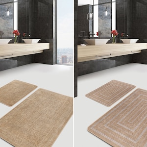 Set of 2 Modern Bath Mat, Wicker Style Non-Slip Bathroom Rug, Jute Pattern Floor Mat, Boho Toilet Rug, Trendy Bathroom Mats, Beige Door Mat