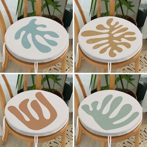Abstract Shapes Design Round Chair Pads with Ties, Creative Art Set of 4 Seat Covers, Abstract Art Chair Cushions, Chic Art Deco Cushion Pad