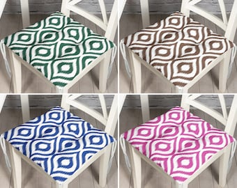 Ikat Style Outdoor Puffy Seat Cushion, Ikat Design Dining Room Chair Pads With Ties, Balcony Rattan Chair Covers, Green Kitchen Seat Cushion