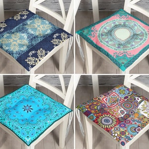 Almofadas com padrão de mandala azul claro, almofada de assento de pátio com motivo étnico e gravatas, almofadas de assento para áreas externas, presente para casa boho, decoração boho