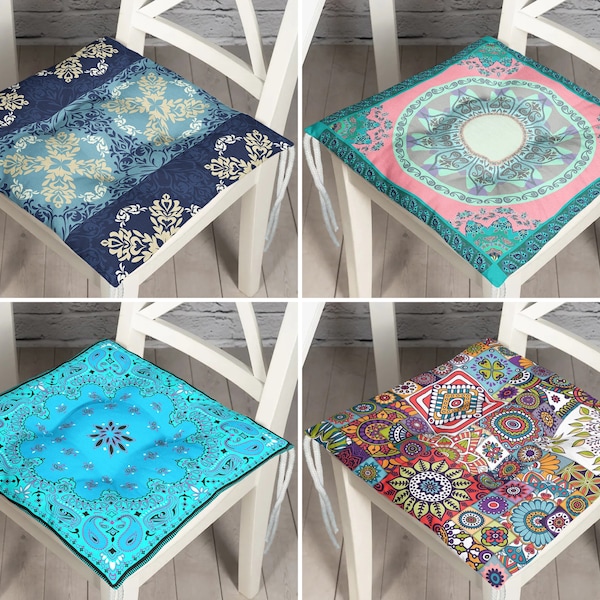 Light Blue Mandala Pattern Cushion Pads, Ethnic Motif Patio Seat Pad with Ties, Outdoor Seat Cushions, Boho Home Gift, Bohemian Decoration