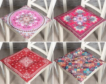 Pink Bohemian Design Seat Cushions, Boho Chair Pads With Ties, Outdoor Chair Cushions, Traditional Chair Cover, Authentic Cushion, Home Gift