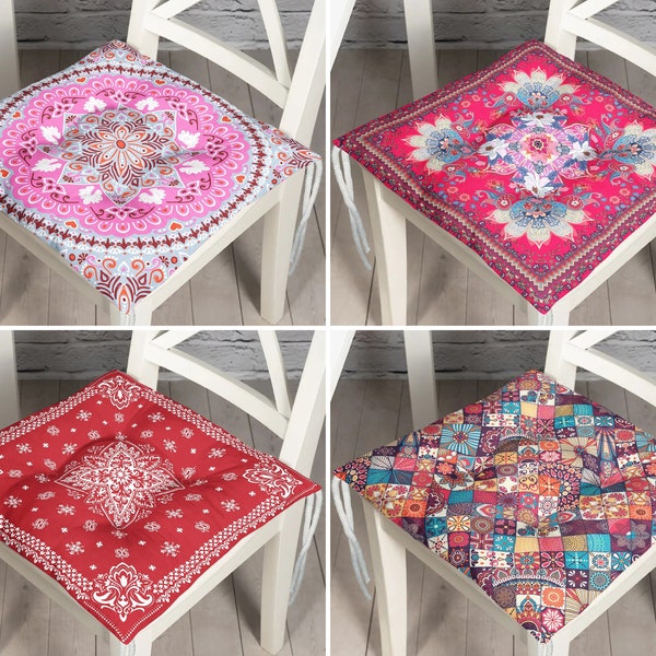 Pink Bohemian Design Seat Cushions, Boho Chair Pads With Ties, Outdoor Chair Cushions, Traditional Chair Cover, Authentic Cushion, Home Gift