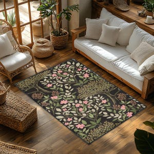 William Morris Inspired Rugs, Anti-Slip Botanical Area Rugs, Green Accent Living Room Carpet, Pink Flowers and Trees Kitchen Floor Mats