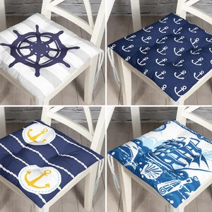 Marine Theme Chair Pads, Nautical Kitchen Seat Pad With Ties, Wheel Outdoor Chair Cushions, Coastal Cushion, Yacht Decor, Housewarming Gifts