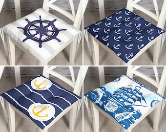 Marine Theme Chair Pads, Nautical Kitchen Seat Pad With Ties, Wheel Outdoor Chair Cushions, Coastal Cushion, Yacht Decor, Housewarming Gifts