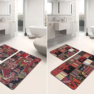 Bathroom Rug Set: Non-Slip Turkish Patchwork - Floral Pattern
