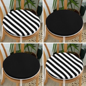 Monochrome Round Rattan Chair Pads with Ties, Black White Set of 4 Seat Covers, Striped Chair Cushions, Geometric Design Kitchen Chair Pads