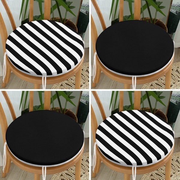Monochrome Round Rattan Chair Pads with Ties, Black White Set of 4 Seat Covers, Striped Chair Cushions, Geometric Design Kitchen Chair Pads