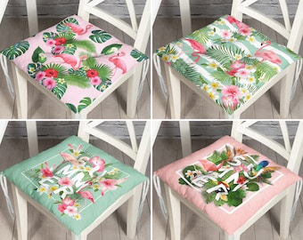 Flamingo Patio Chair Pad - Puffy Cushion with Ties, Floral Design