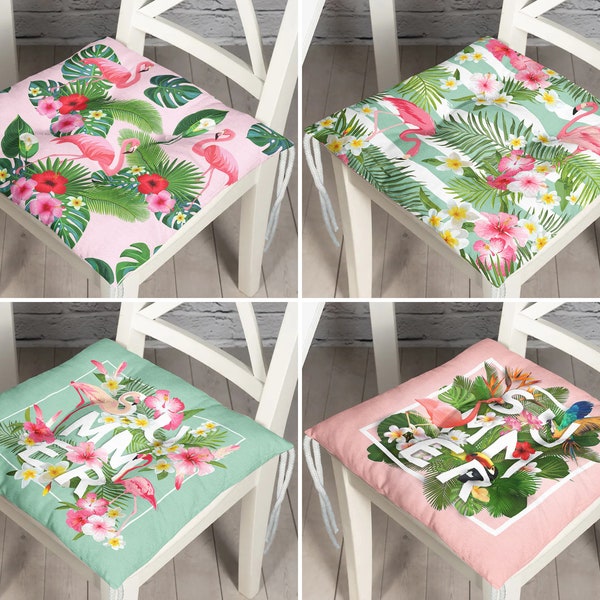 Flamingo Design Outdoor Puffy Chair Pad, Summer Print Chair Cushion, Patio Seat Pad With Ties, Daffodil Flower Style Seat Cushion, Home Gift