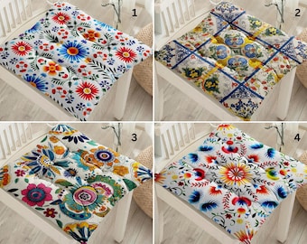 Vintage Floral Design Chair Cushion, Ethnic Pattern Puffy Seat Cushion, Folk Art Waterproof Cushion Pads, Tile Style Cushion, Boho Home Deco