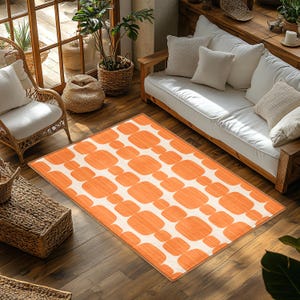 Alfombra de diseño retro, alfombra de salón retro de los años 70, alfombra antideslizante de color naranja y crema, alfombras geométricas para dormitorio, alfombra de entrada moderna de mediados de siglo