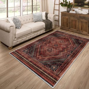 Red Kilim Runner Rug - Diamond Medallion Pattern, Non-Slip Base
