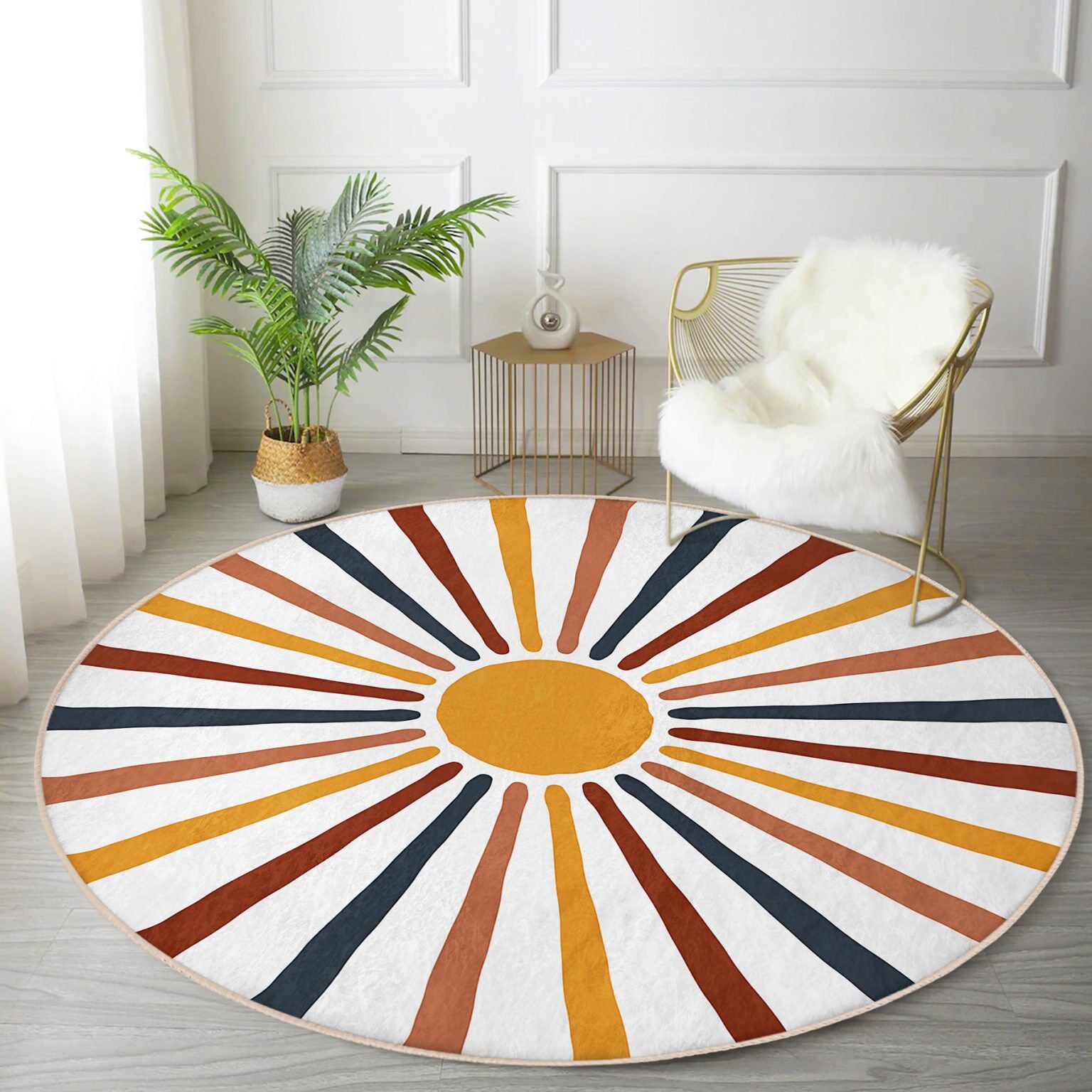 Sun and Sunshine Round Rug, Retro Circle Rug, Anti Slip Bohemian Round
