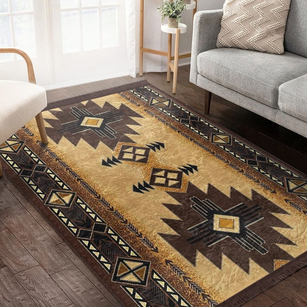 Ethnic Design Rug, Aztec Non-Slip Carpet, Brown Southwestern Area Rugs, Navajo Style Living Room Rug, Native American Floor Mat, Tribal Rug