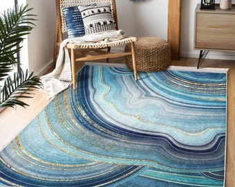 Blauer Marmor Teppich, Gold & Türkis Anti-Rutsch Teppich, Waschbarer Moderner Teppich, Blaue Teppiche für Schlafzimmer, Eingangsbereich, Blauer Flurläufer