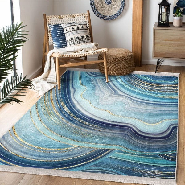 Blue Marble Area Rug, Gold & Turquoise Non-Slip Rug, Washable Modern Carpet, Blue Rugs for Bedroom, Entryway Rug, Blue Hallway Runner