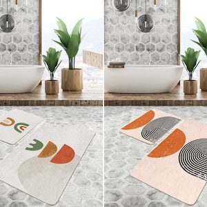 Set of 2 Modern Bath Mat, Sun and Rainbow Non Slip Bathroom Rug, Abstract Shapes Floor Mat, Boho Bathroom Decor, Shower Entrance Mat