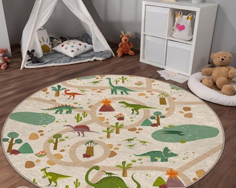 May include: A round, beige play rug with a dinosaur theme. The rug features a winding path with green trees, brown rocks, and blue ponds.  There are various dinosaurs in green, brown, and orange colors.
