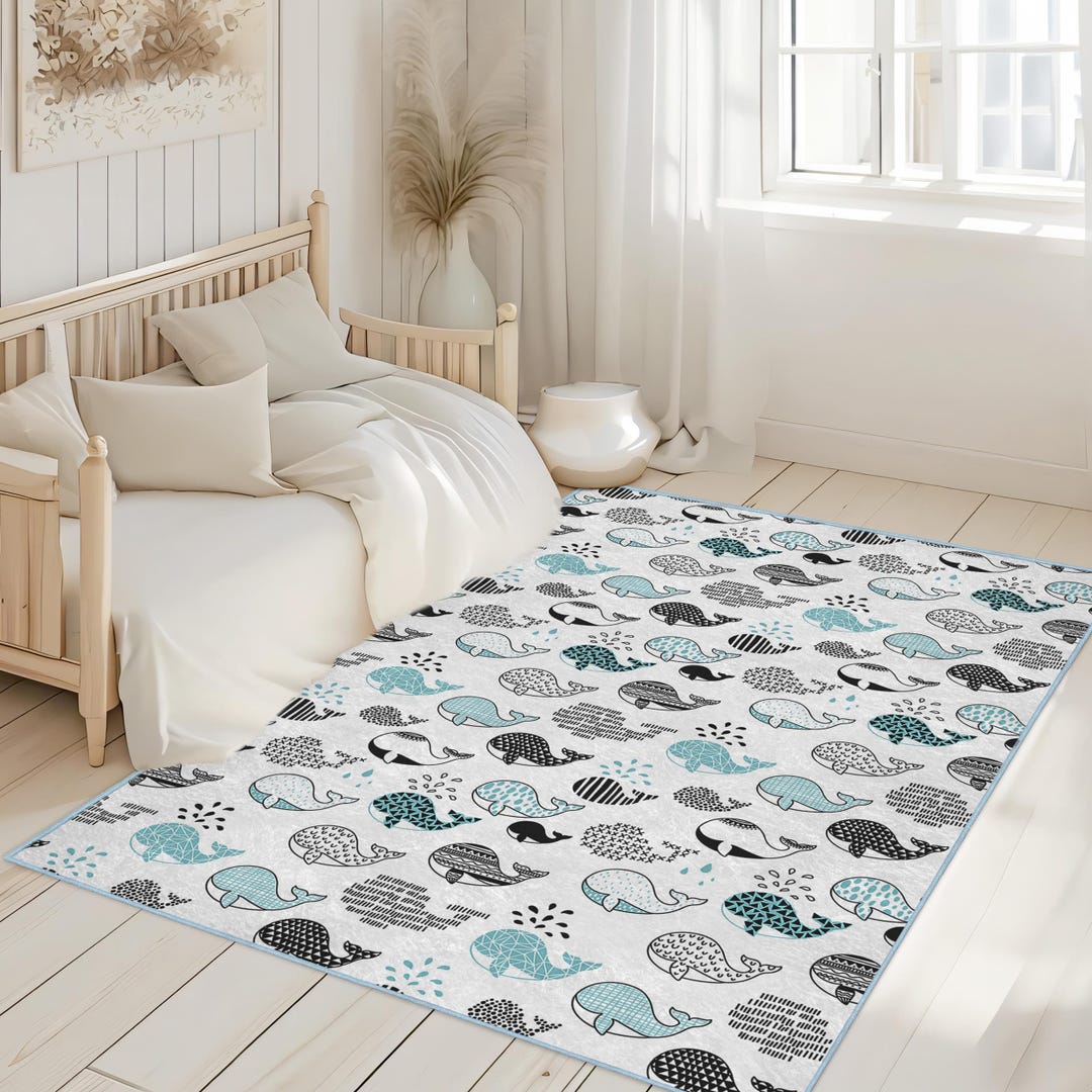 Cute Whale Nursery Rug, Baby Blue Black White Kids Carpet, Non-slip ...