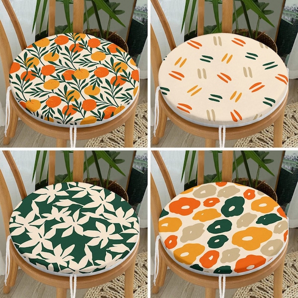 Orange & Green Fruit Round Chair Covers con cravatte, Set floreale di 4 coprisedili, Cuscino per sedia astratto, Fodera per cuscino elegante, Nuovo regalo per la casa