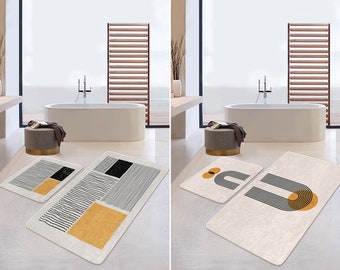 Abstract Stripes Bath Rug, Mid Century Bath Mat, Black Yellow Non-Slip Floor Mats, Boho Bathroom Rug, Sun and Rainbow Bathroom Mat, Gift Mat