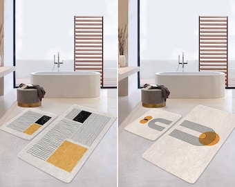 Tapis de bain à rayures abstraites, tapis de bain Mid-Century, tapis de sol antidérapants noir jaune, tapis de salle de bain bohème, tapis de salle de bain soleil et arc-en-ciel, tapis cadeau