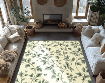 Botanical Leaf Rug: William Morris Inspired Design (Washable, Multiple Sizes)