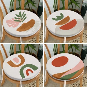 Mid Century Design Round Seat Cushions with Ties, Abstract Shapes Set of 4 Seat Covers, Minimalist Style Chair Cushion, Contemporary Cushion