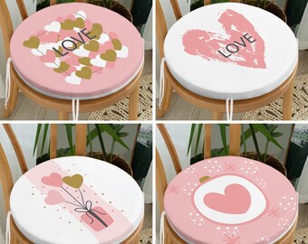 Love Print Round Seat Cushions with Ties, Pink Heart Style Set of 4 Seat Covers, Elegant Chair Cushions, Amour Theme Cushion, Home Presents