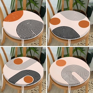Geometric Lines Round Chair Pads with Ties, Minimalist Set of 4 Seat Covers, Abstract Shapes Style Chair Cushion, Contemporary Cushion Cover
