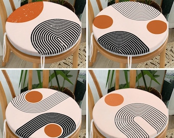 Geometric Lines Round Chair Pads with Ties, Minimalist Set of 4 Seat Covers, Abstract Shapes Style Chair Cushion, Contemporary Cushion Cover