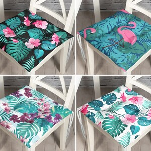 Pink Flamingo Seat Pad 4 Corner Ties Natural Chair Pads Decorative Garden Pillows Botanical Cushions Tropical Design Etsy
