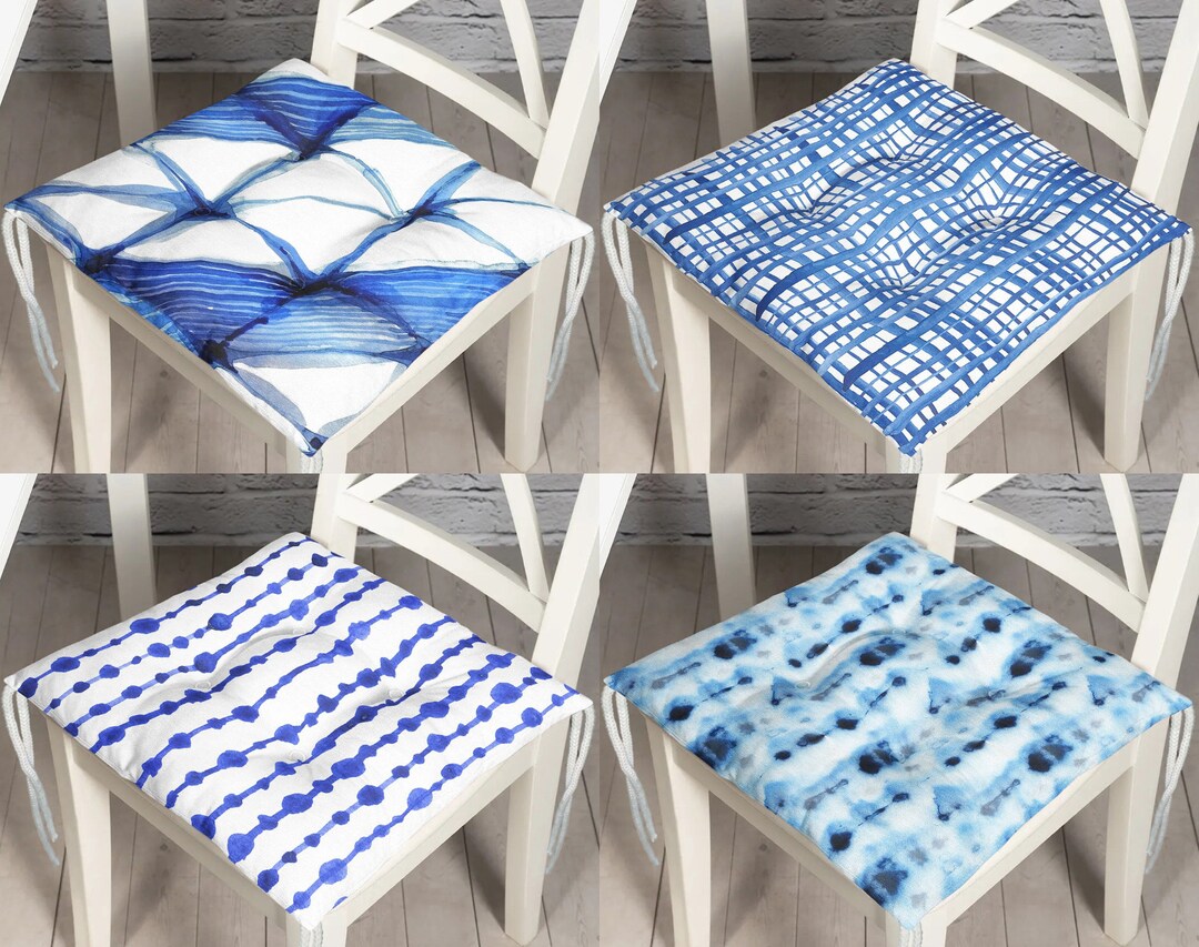 Geometric Style Puffy Chair Cushion, White Blue Kitchen Chair Cover