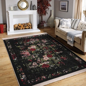 Floral Area Rug, Stylish Non-Slip Carpet, Black Dining Room Rug, Fringed Floral Kitchen Runner, Floral Lodge Rug, Floral Farmhouse Rug